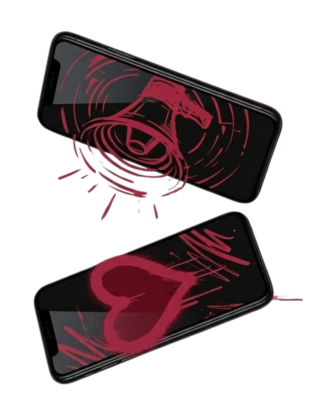 Two 3D industrial steel smartphones with vibrant Rhubarb red spray paint graffiti, representing multi-platform social media strategy and digital scenes.