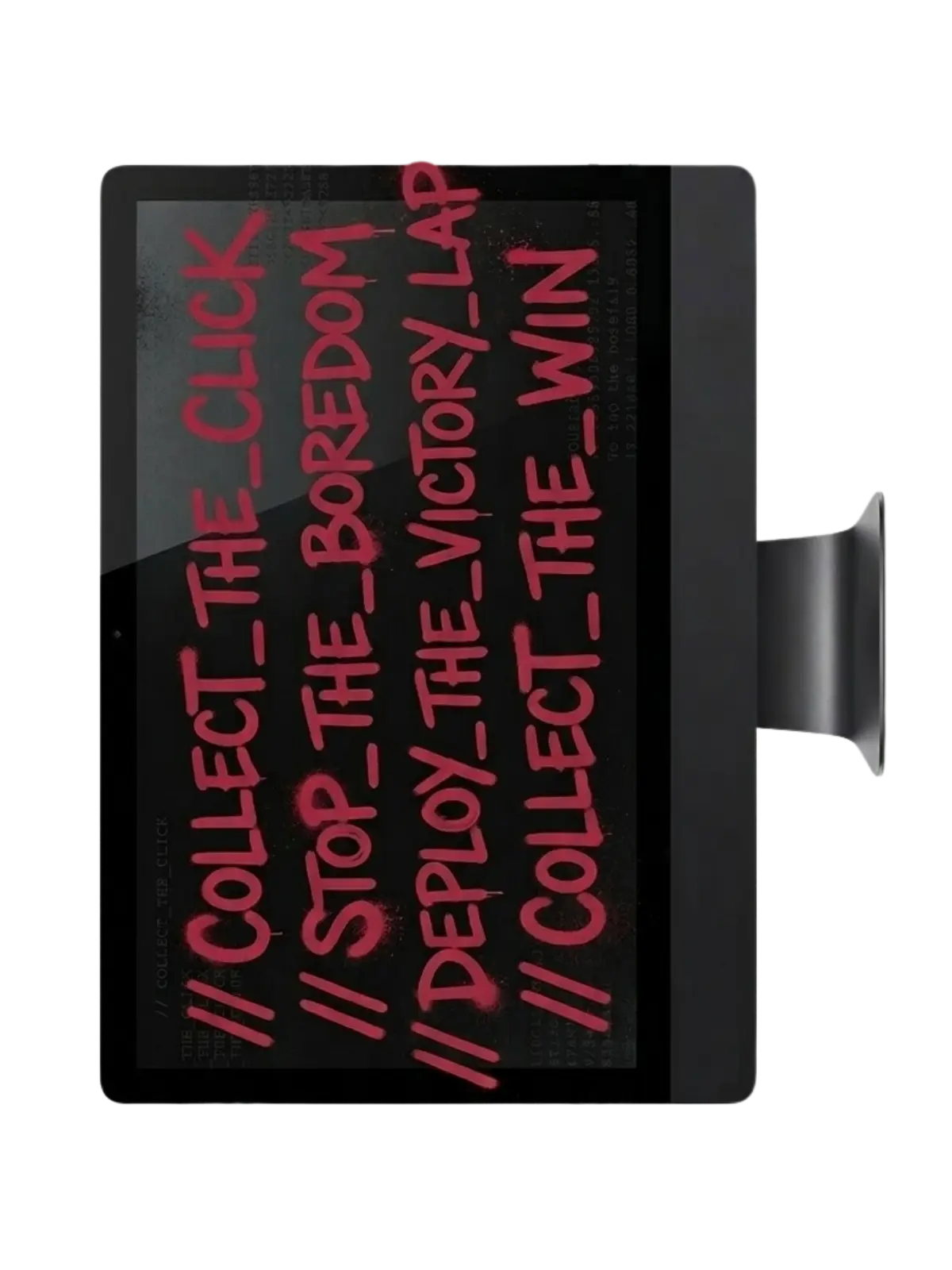 3D industrial steel computer monitor with Rhubarb red spray paint graffiti, symbolizing high-performance web engineering and creative disruption.