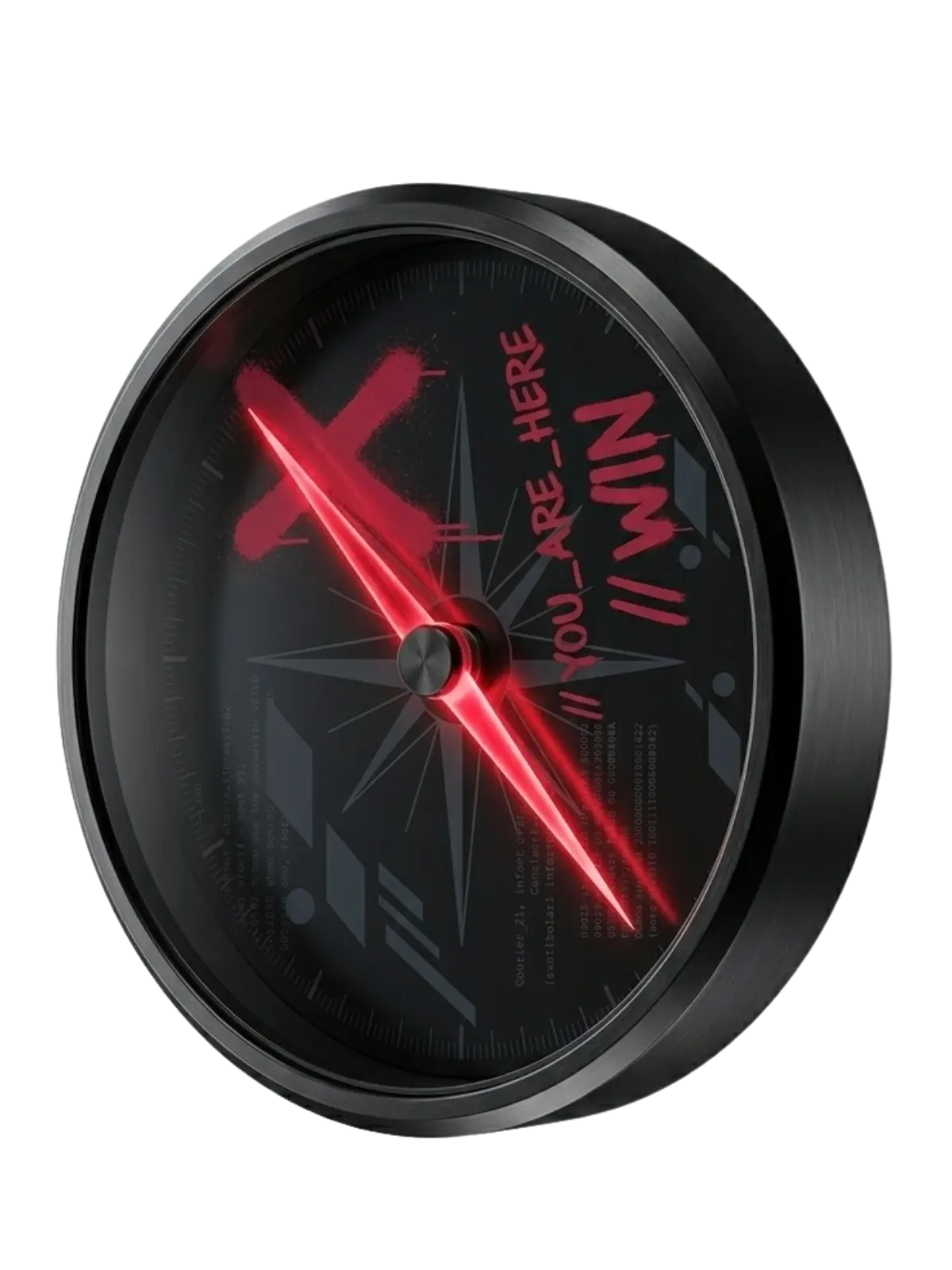High-tech 3D chrome compass with Rhubarb red spray paint accents, representing the creative direction and digital strategy of Rhubarb Media.