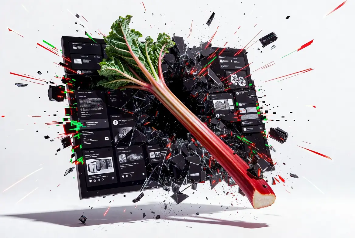 High-speed photography of a vibrant red rhubarb stalk smashing through a computer monitor, shattering glass and digital debris, representing creative disruption by Rhubarb Media.